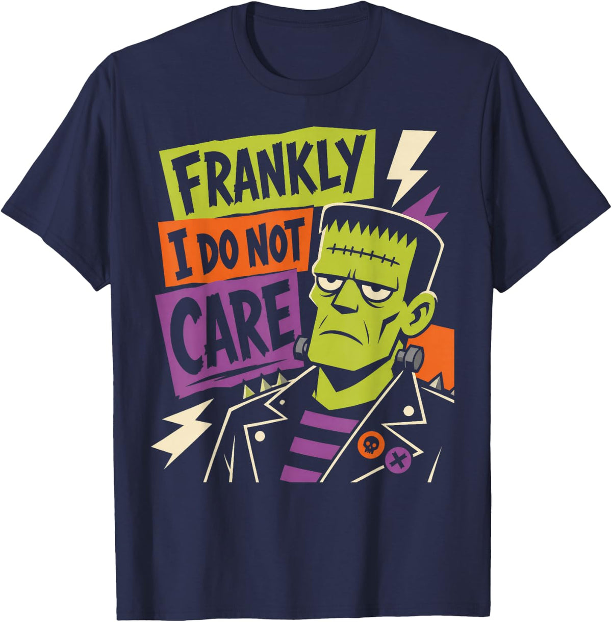 Frankly I Do Not Care Punk Frankenstein Sarcastic Halloween T-Shirt - Navy Blue