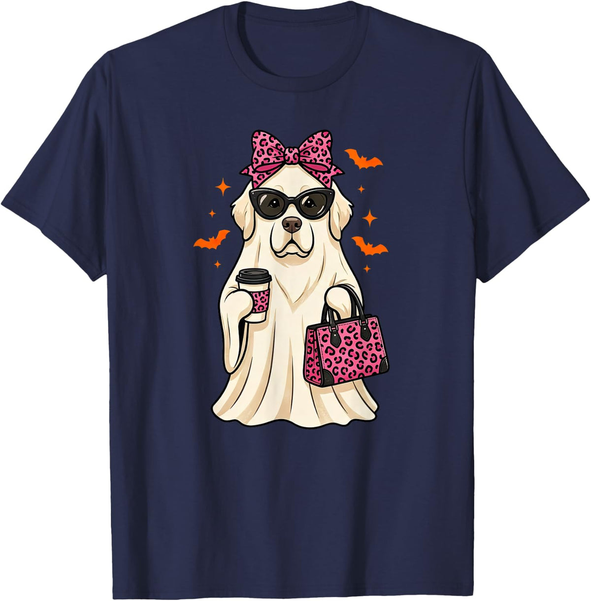 Newfoundland Dog Ghost Boo Leopard Halloween Womens Kids T-Shirt - Navy Blue