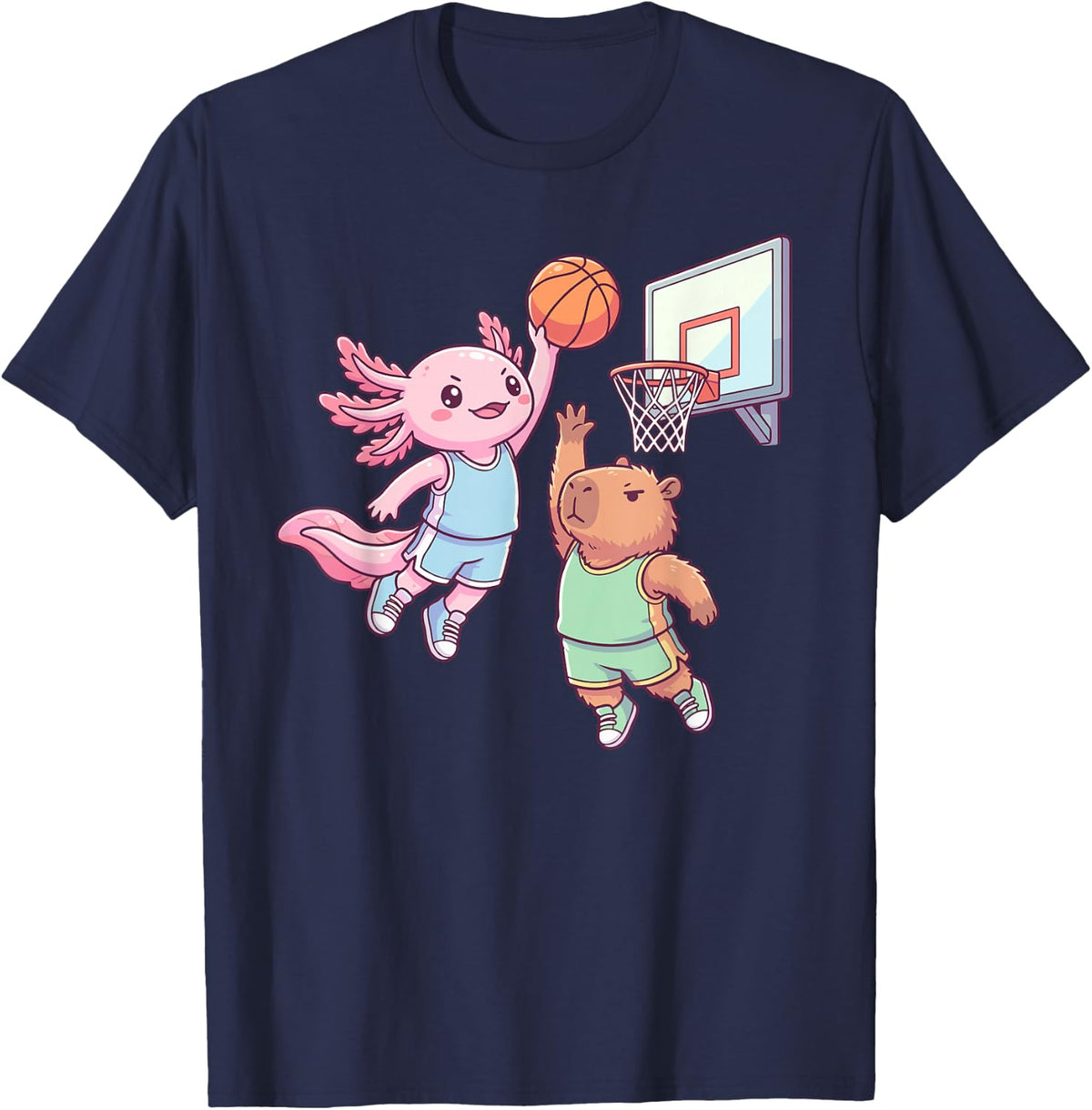 Cute Axolotl Playing Basketball with Capybara Cartoon Cool T-Shirt - Navy Blue
