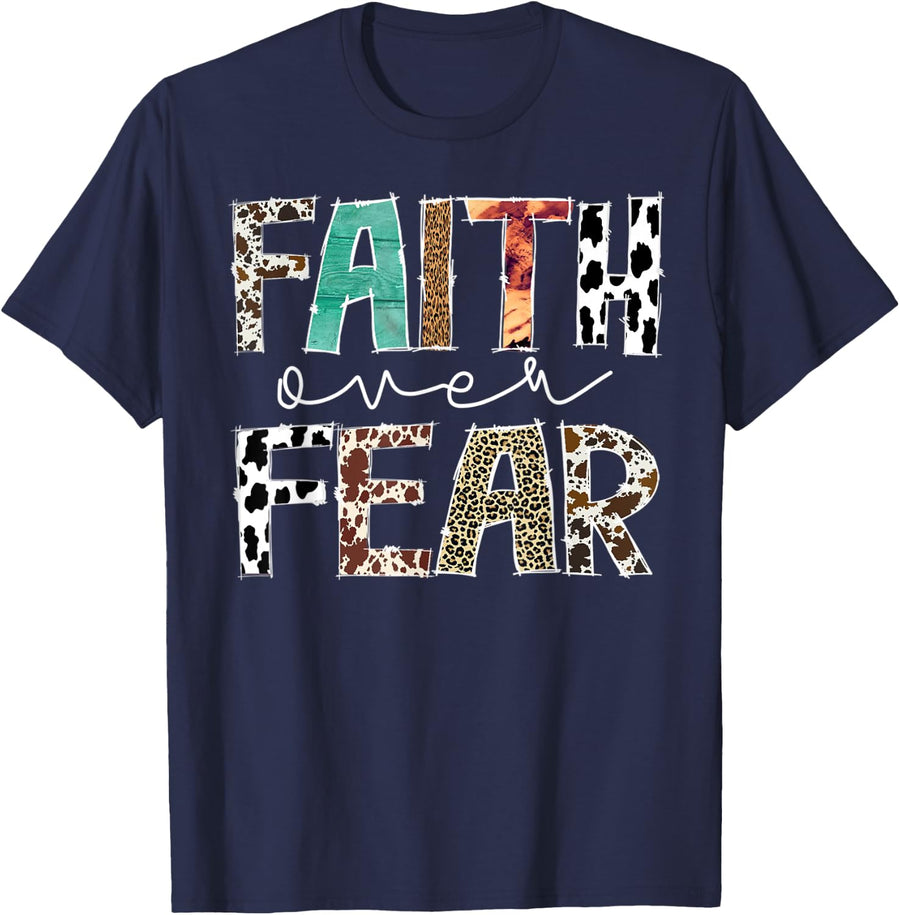 Leopard Faith Over Fear Cowboy Western Country Christian T-Shirt - Navy Blue