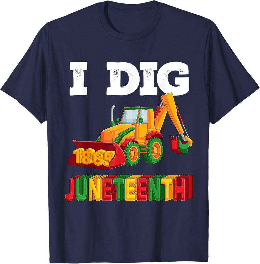I Dig Juneteenth 1865 Kids Toddler Construction Truck T-Shirt Tee Boys Girls - Navy Blue
