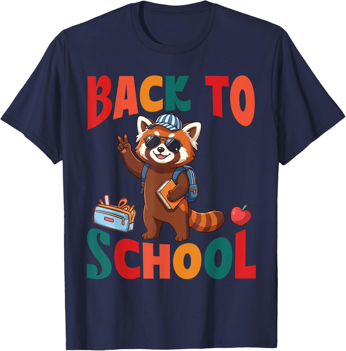 Back to School Cute Red Panda Student Funny First Day Vibes T-Shirt - Navy Blue