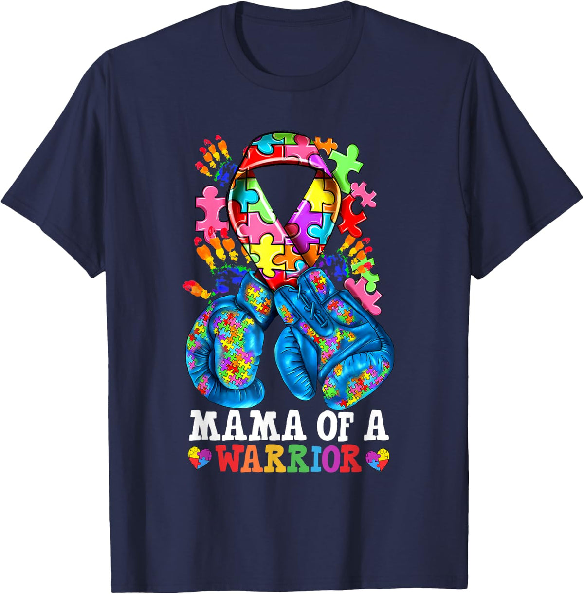 Mama Of A Warrior Autism Awareness Boxing Gloves Puzzle T-Shirt - Navy Blue