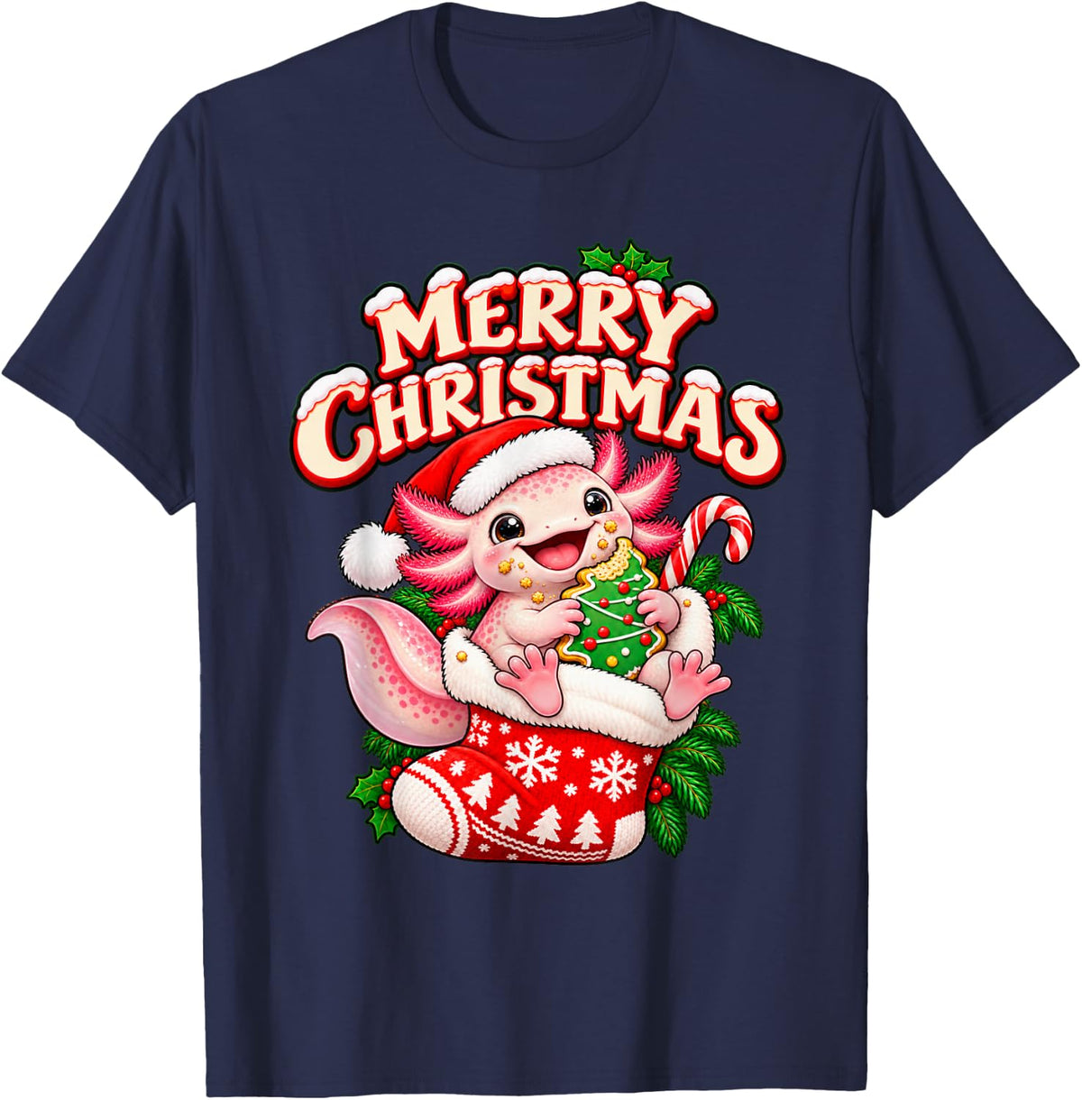 Merry Christmas Happy Axolotl Cute Stocking Funny T-Shirt - Navy Blue
