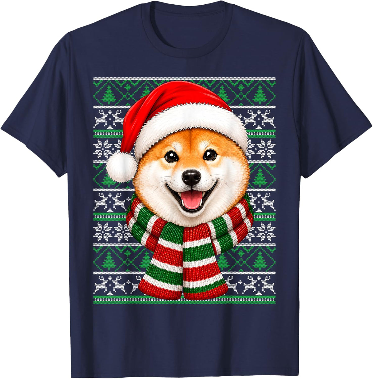 Shiba Inu Dog Christmas Santa Hat Ugly Sweaters Xmas T-Shirt - Navy Blue
