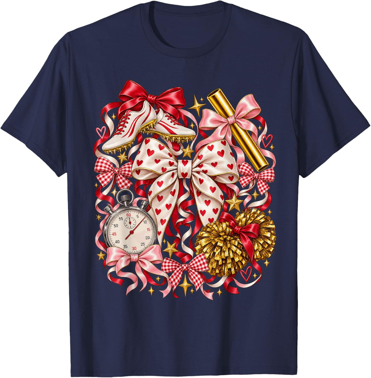Track Field Baseball Stopwatch Cheer Bows Runner Drawing T-Shirt - Navy Blue