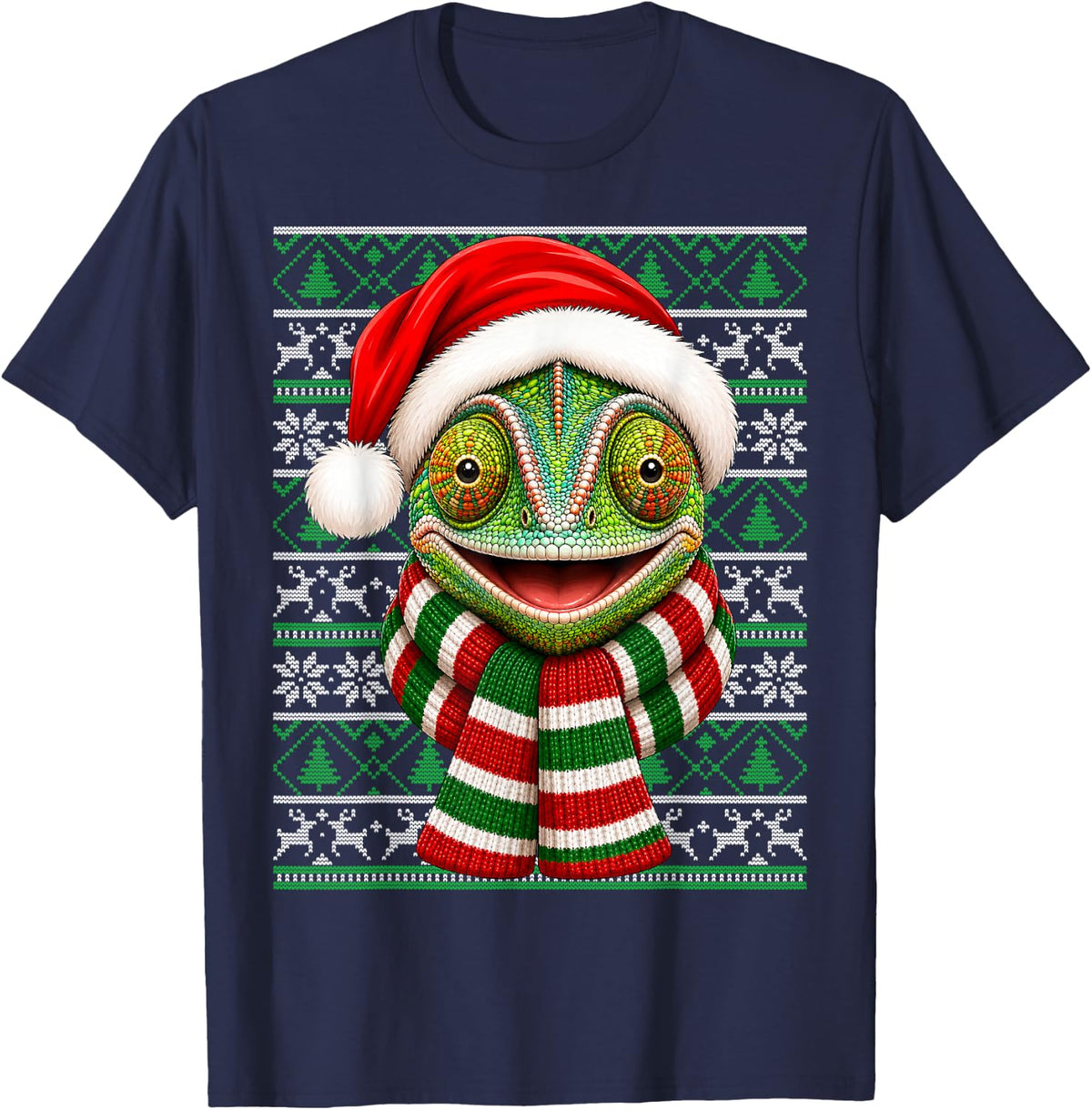 Chameleon Christmas Santa Hat Scarf Ugly Sweaters Xmas T-Shirt - Navy Blue