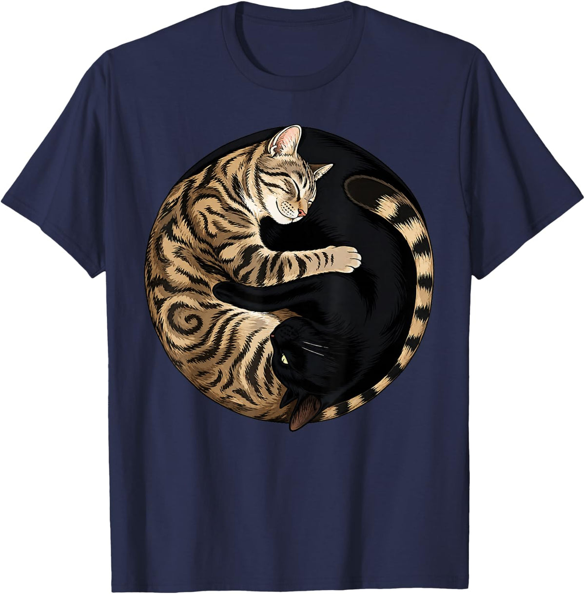 Yin Yang Cats Tabby Black Cat Balance Harmony Graphic T-Shirt - Navy Blue