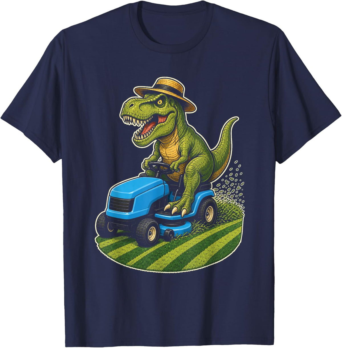 Lawn Mower Dinosaur Dad T Rex Mowing Graphic Art T-Shirt - Navy Blue