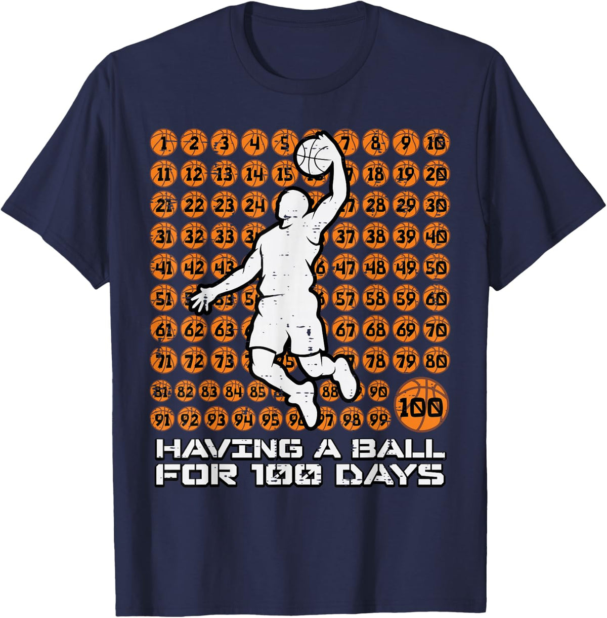 Having Ball 100 Days of School Basketball 100th Day Boy Kids T-Shirt - Navy Blue