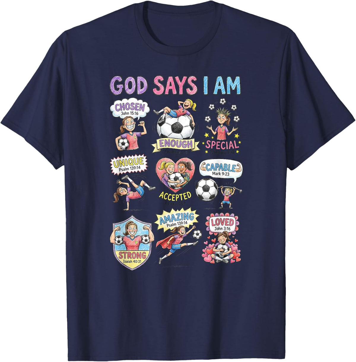 God Says I Am Christian T-Shirt for Girls Teens Kids Soccer Tees - Navy Blue