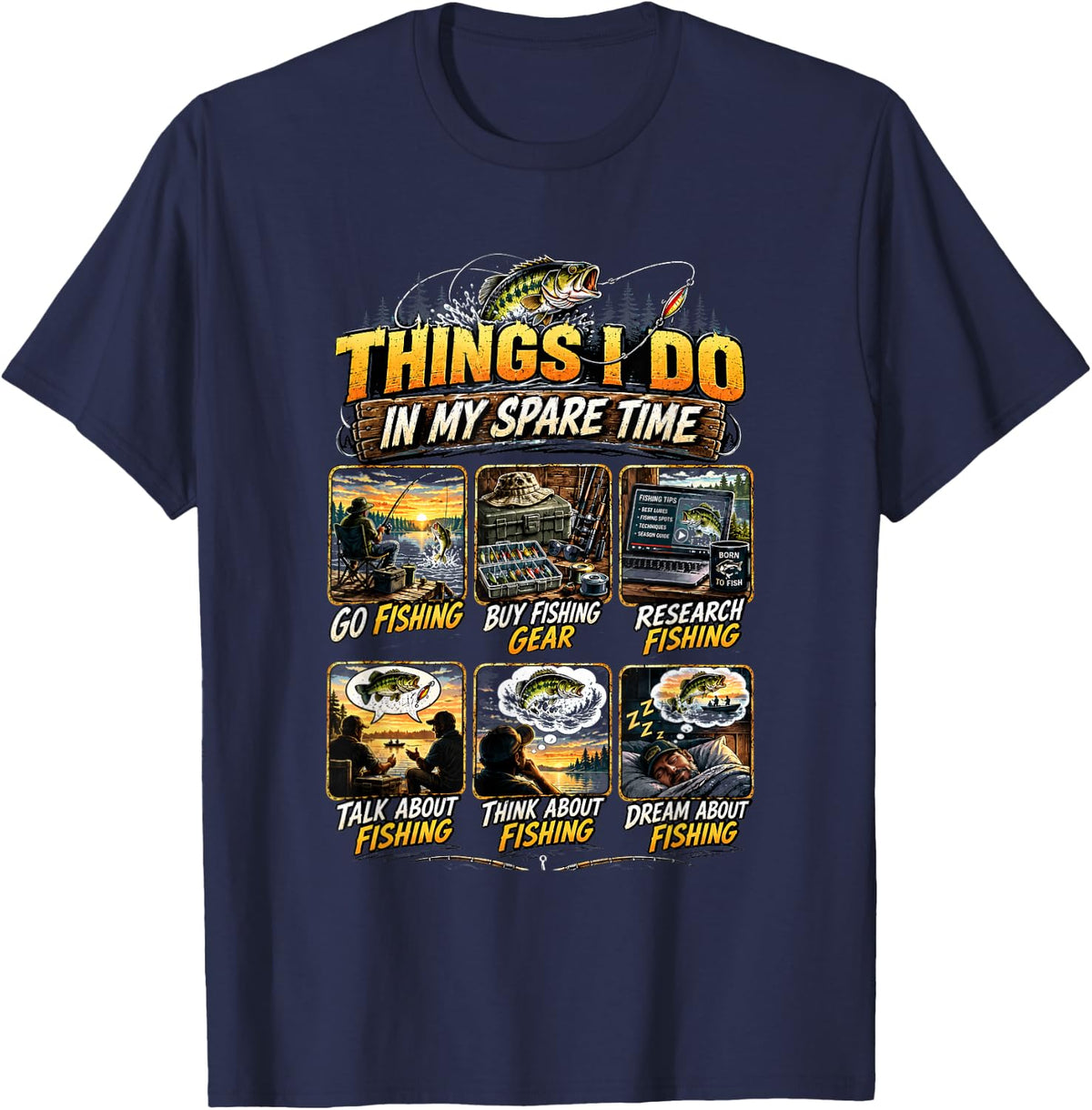 Things I Do in My Spare Time Funny Fishing Shirt T-Shirt - Navy Blue