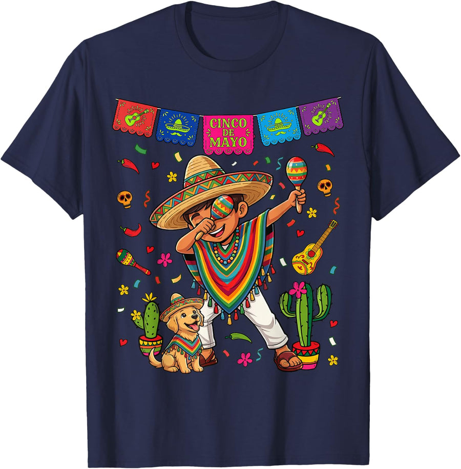 Cinco De Mayo Dabbing Boy & Dog Fiesta Squad Poncho Sombrero Tee T-Shirt - Navy Blue