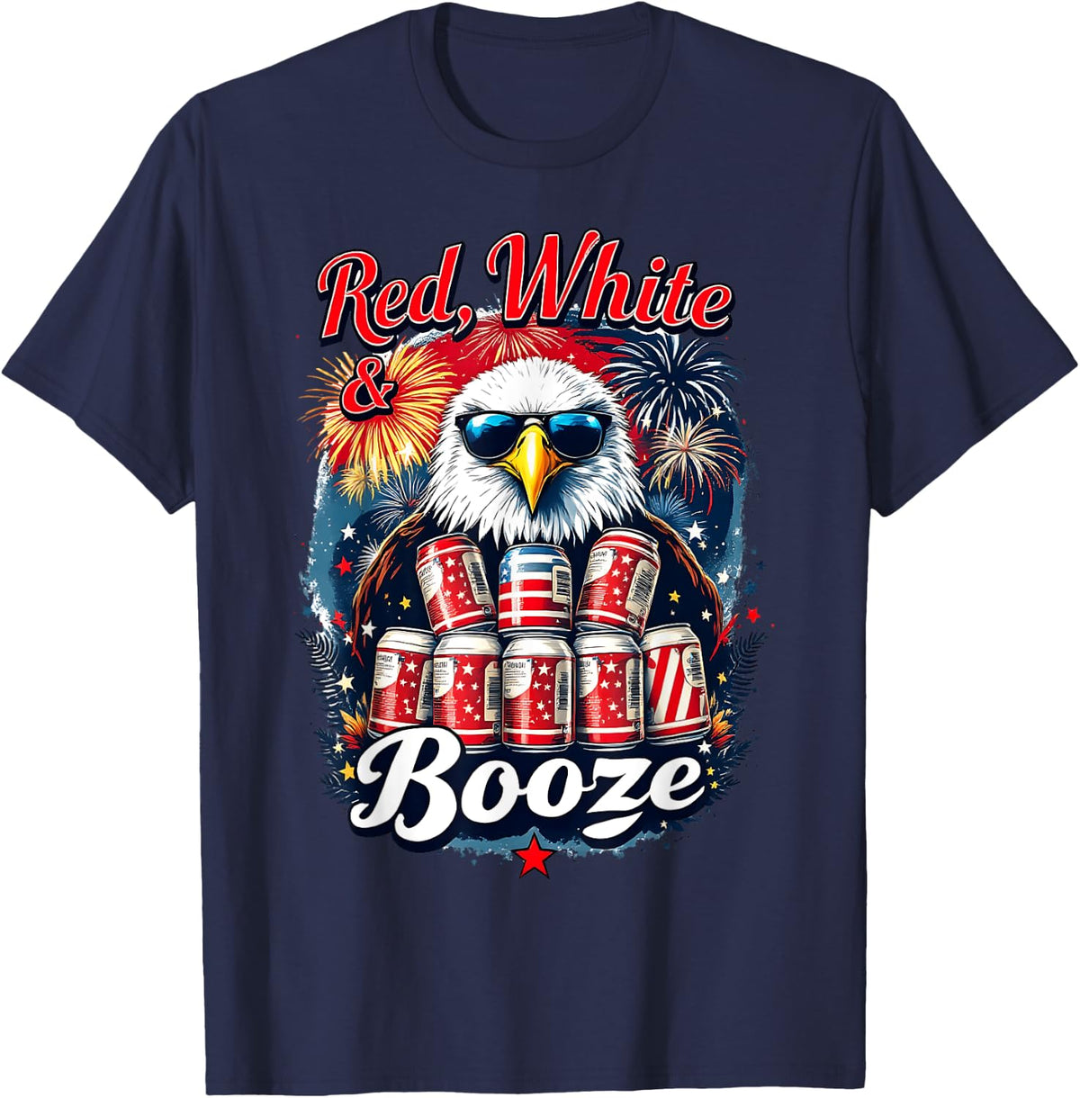 Red White and Booze Eagle Funny Memorial Day T-Shirt - Navy Blue
