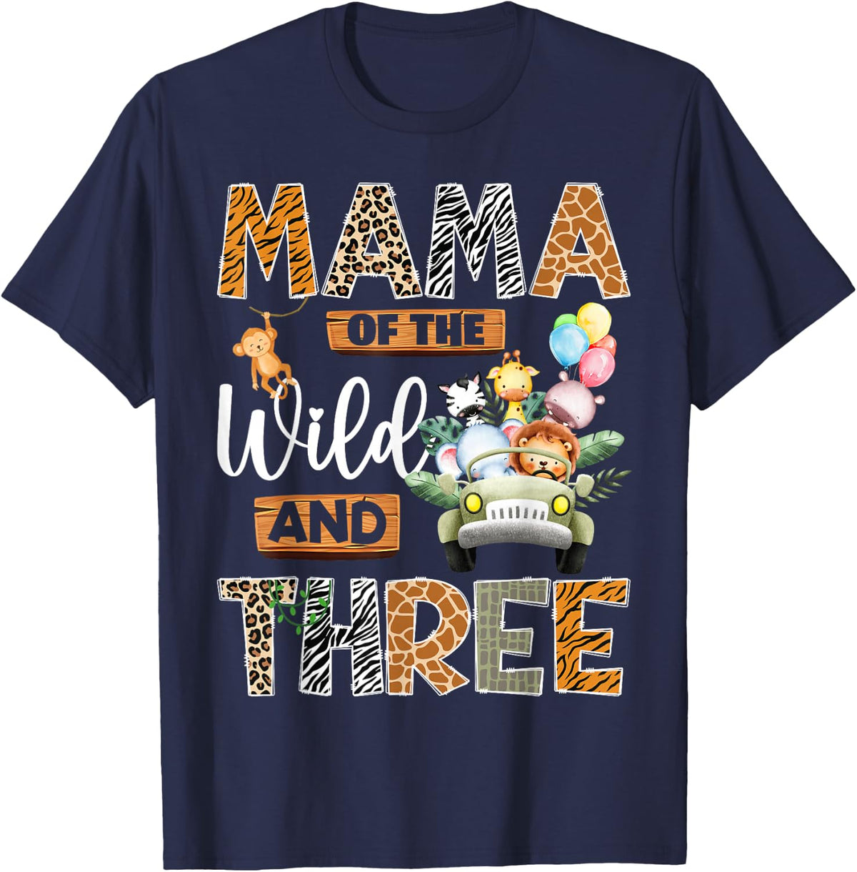 Mama of The Wild and Three 3Rd Birthday Boy Safari Truck T-Shirt - Navy Blue
