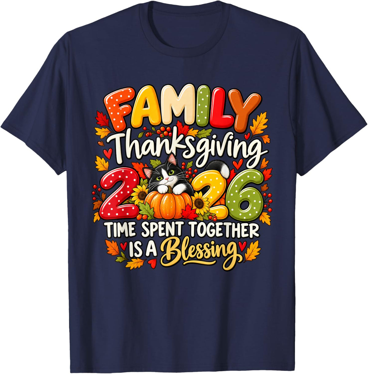 Thanksgiving Dinner 2026 Family and Couples Tuxedo Cat T-Shirt - Navy Blue