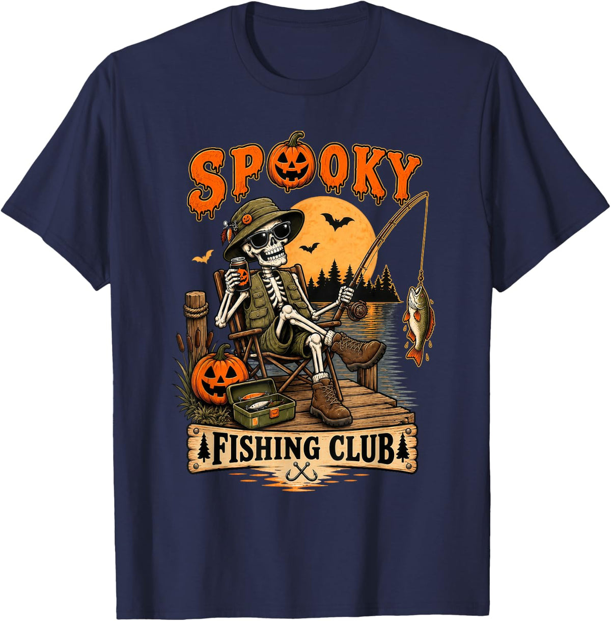 Spooky Fishing Club Skeleton Halloween Costume Fisherman T-Shirt - Navy Blue