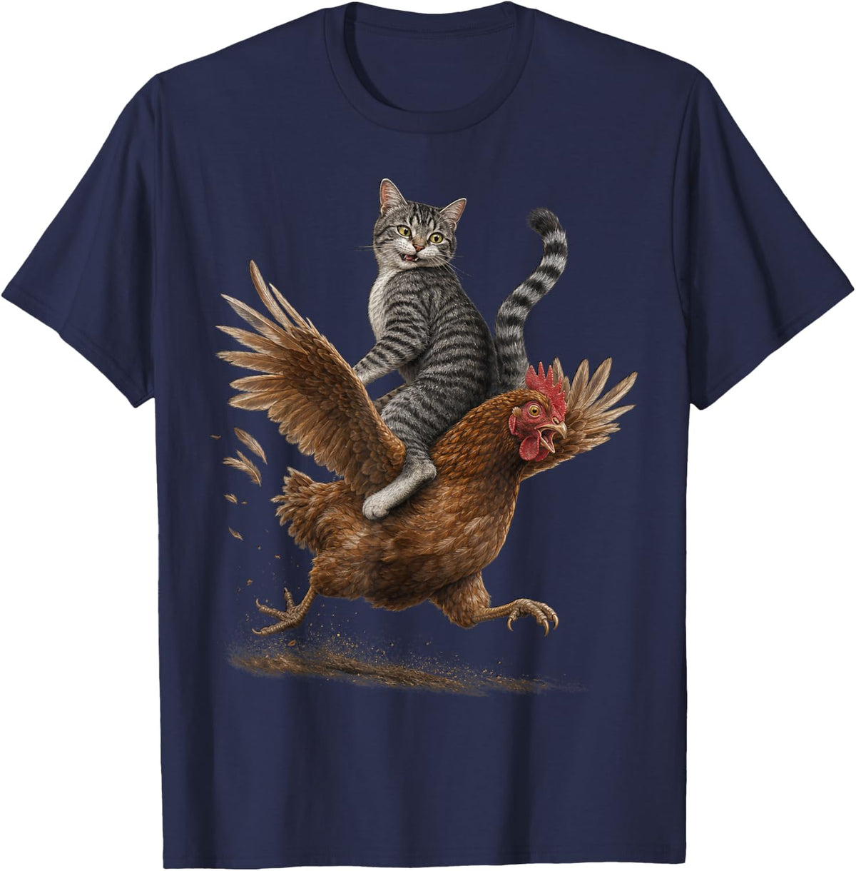 Tabby Cat Riding Chicken Farm Animal Fun T-Shirt - Navy Blue