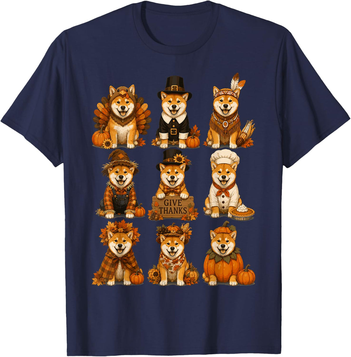 Thanksgiving Shiba Inu Dog Lover Pumpkin Costume Autumn T-Shirt - Navy Blue