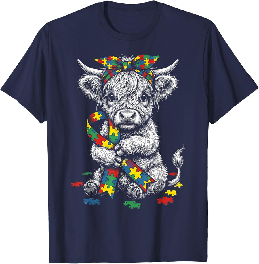 Highland Cow Autism Awareness Puzzle Ribbon Coquette Bow T-Shirt - Navy Blue