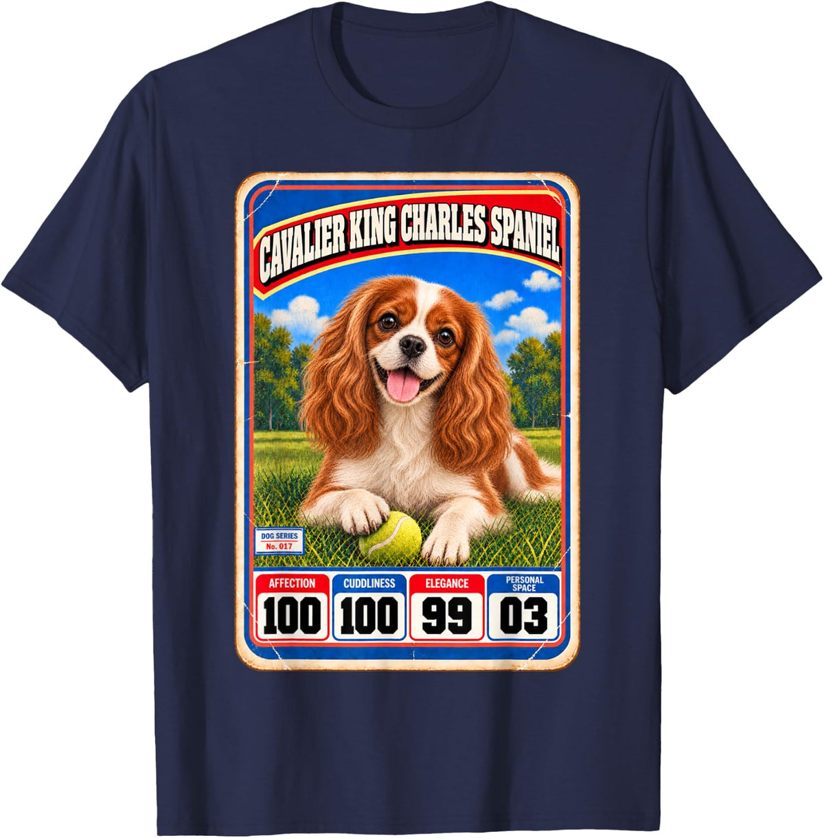 Cavalier King Charles Spaniel Vintage Sports Trading Card T-Shirt - Navy Blue