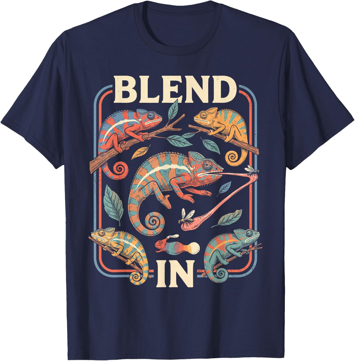 Chameleon Reptile Wildlife Vintage Poster T-Shirt - Navy Blue
