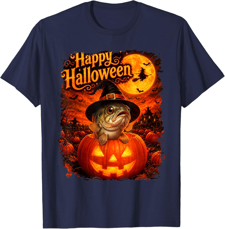 Cute Bass Fish Happy Halloween Night T-Shirt - Navy Blue