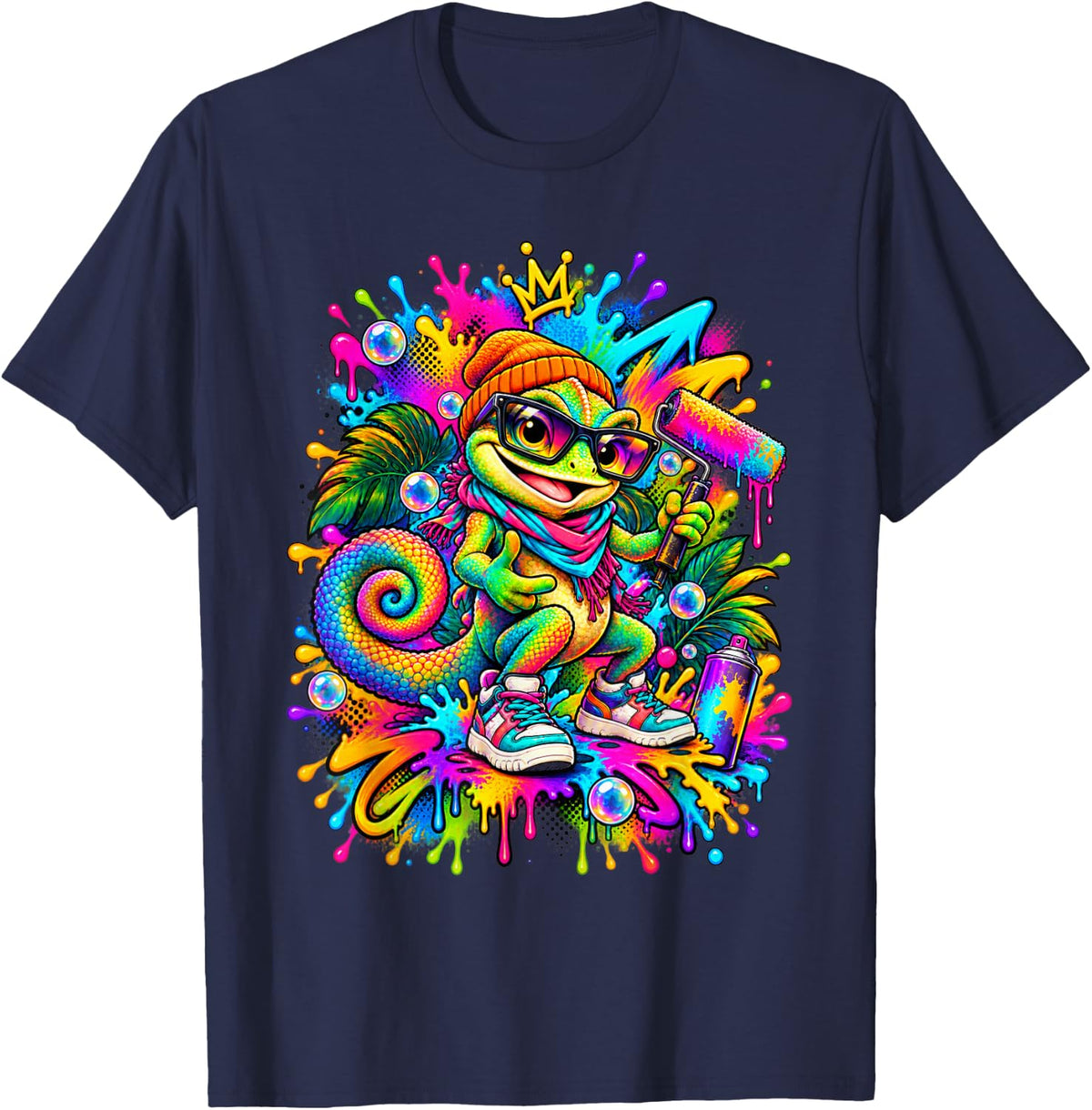 Colorful Chameleon Urban Graffiti Art T-Shirt - Navy Blue