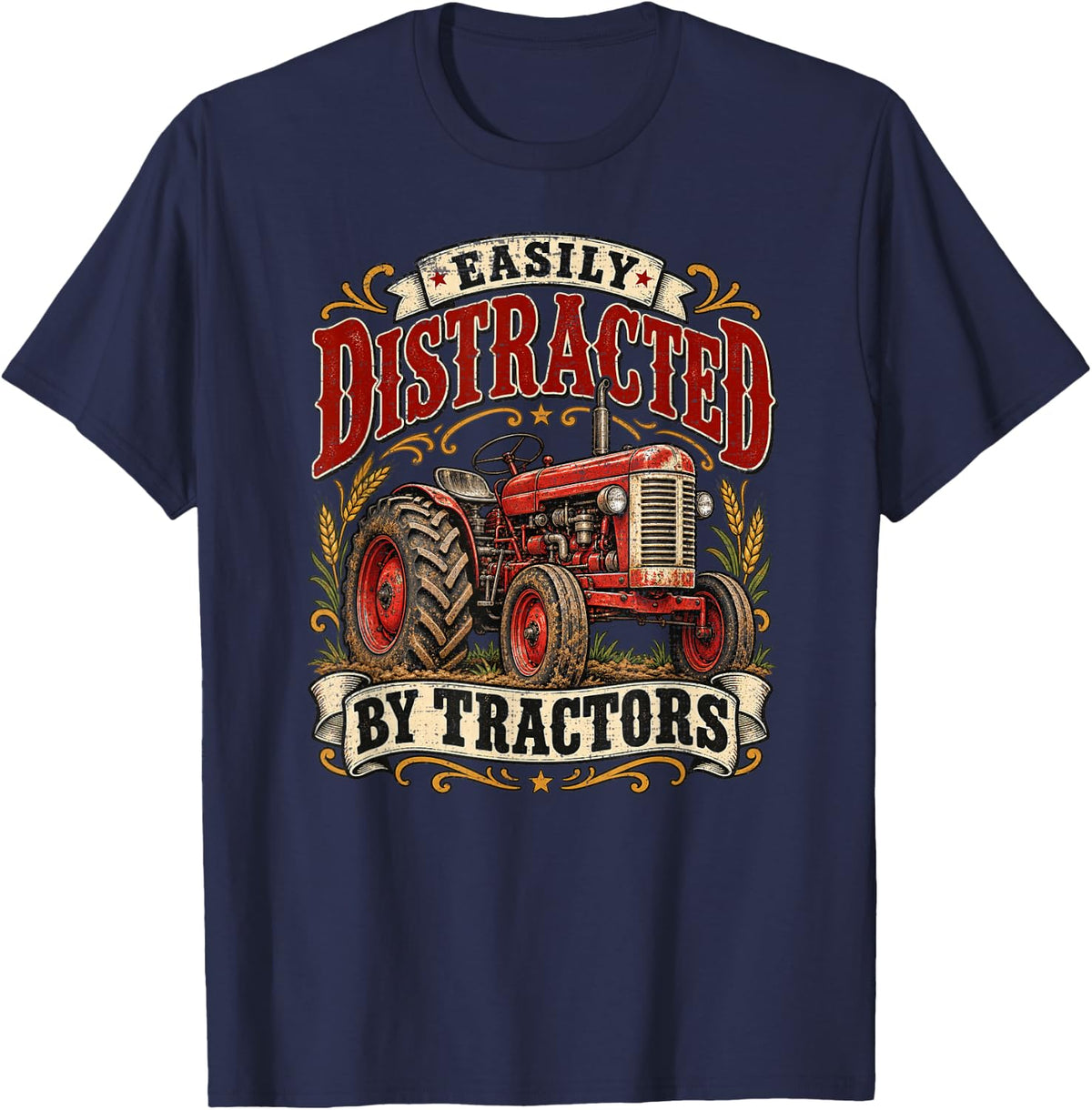 Easily Distracted By Tractors Vintage Red Farm Machine T-Shirt - Navy Blue
