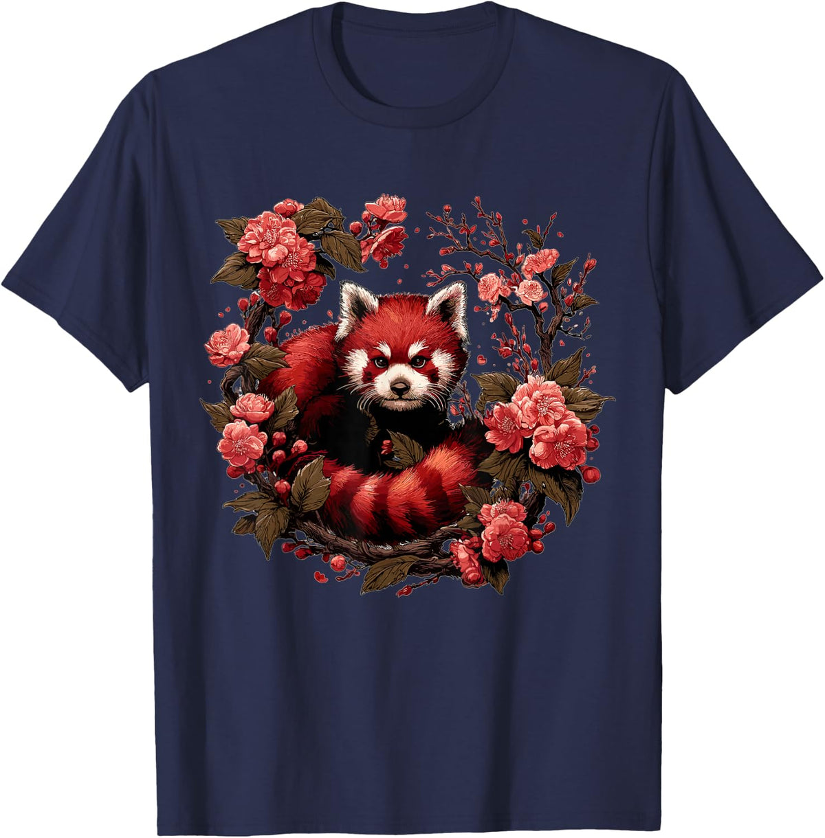 Cute Red Panda Japanese Cherry Blossom Flower T-Shirt - Navy Blue