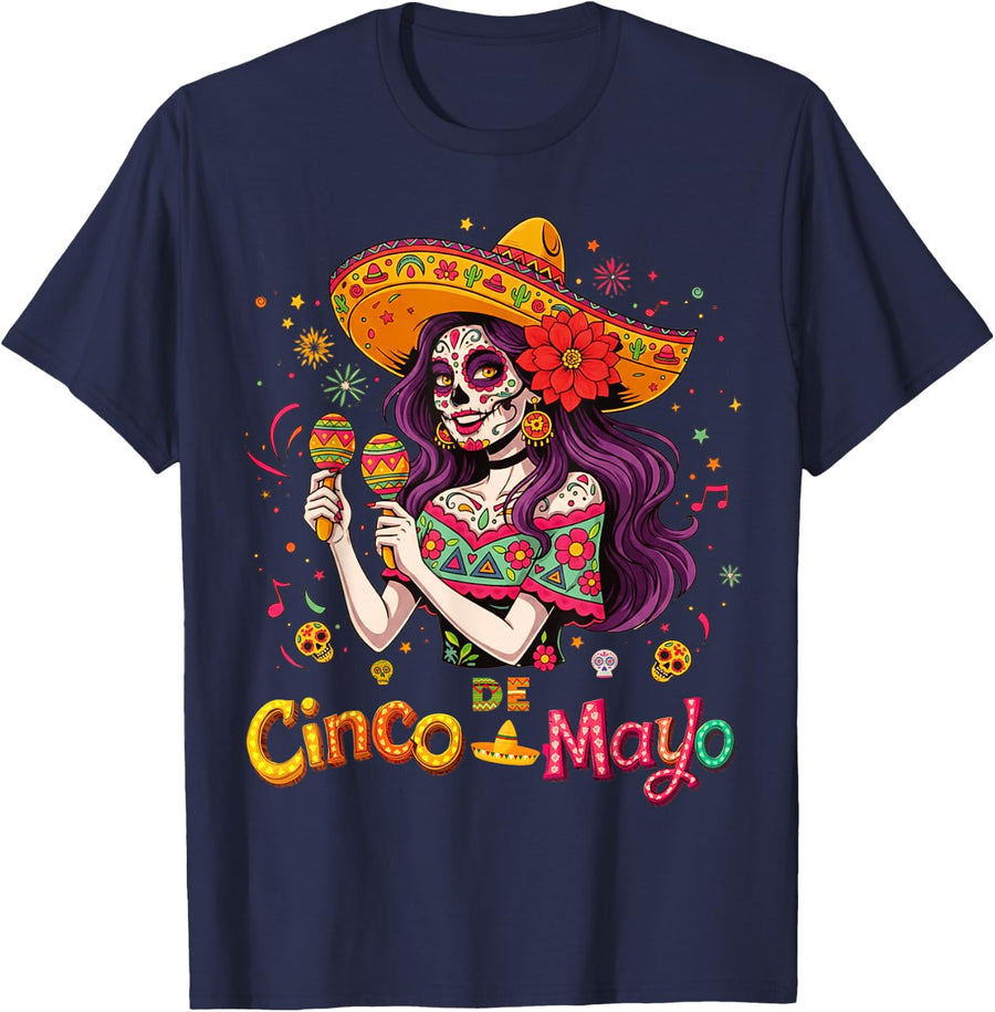 Cinco de Mayo Beautiful Purple Hair Skeleton Girl Design T-Shirt - Navy Blue