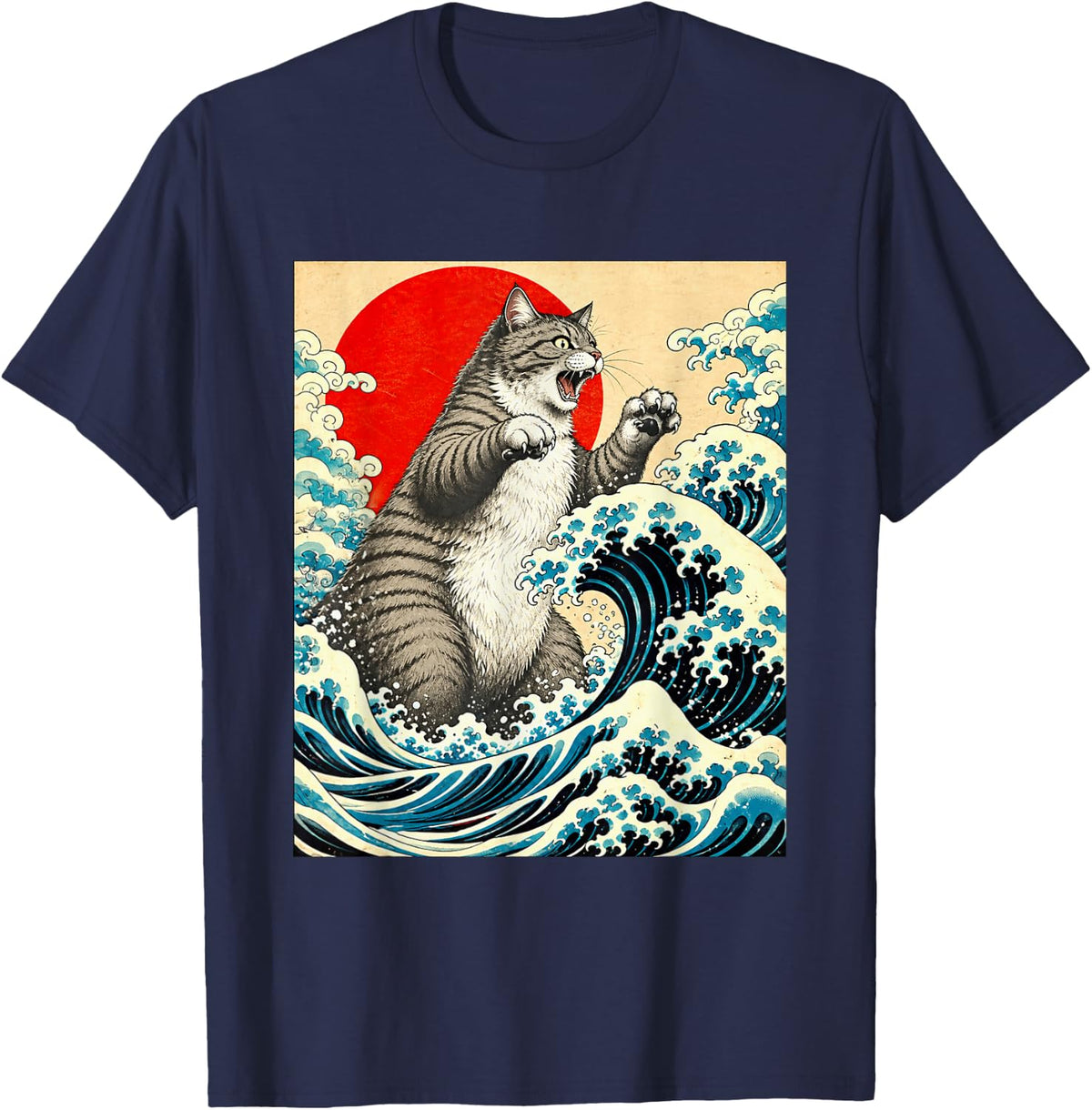 Funny Tabby Cat Great Wave Japanese Art Sun Vintage Ukiyo-e T-Shirt - Navy Blue