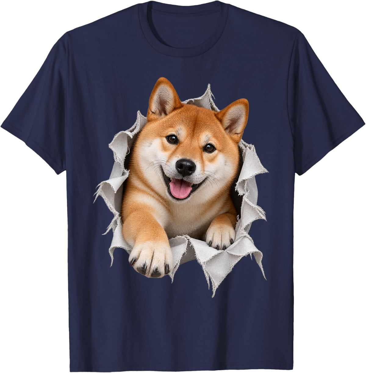 Cute Shiba Inu Dog Stepping Out from Ripped Design T-Shirt - Navy Blue