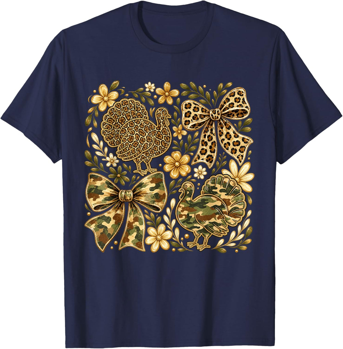 Leopard Turkey Camo Thanksgiving Bows Fall Hunting Autumn T-Shirt - Navy Blue