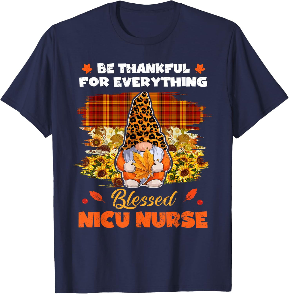 Thankful Blessed NICU Nurse Gnome Thanksgiving T-Shirt - Navy Blue