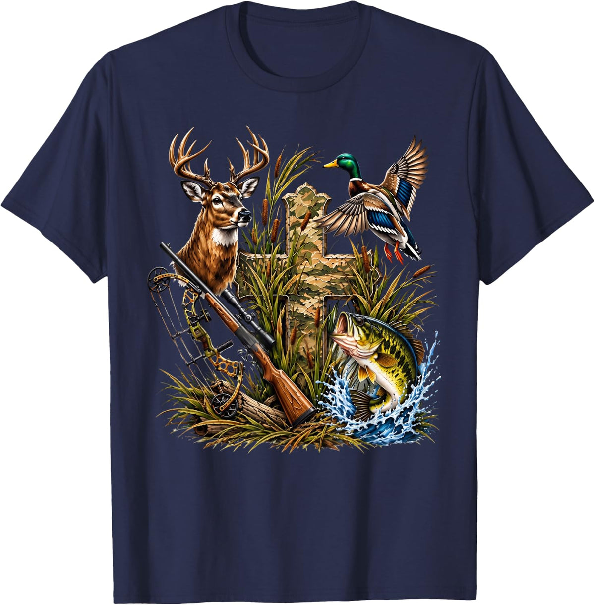 Deer Duck Fish Hook Hunting Cross Camo Christian Hunter T-Shirt - Navy Blue