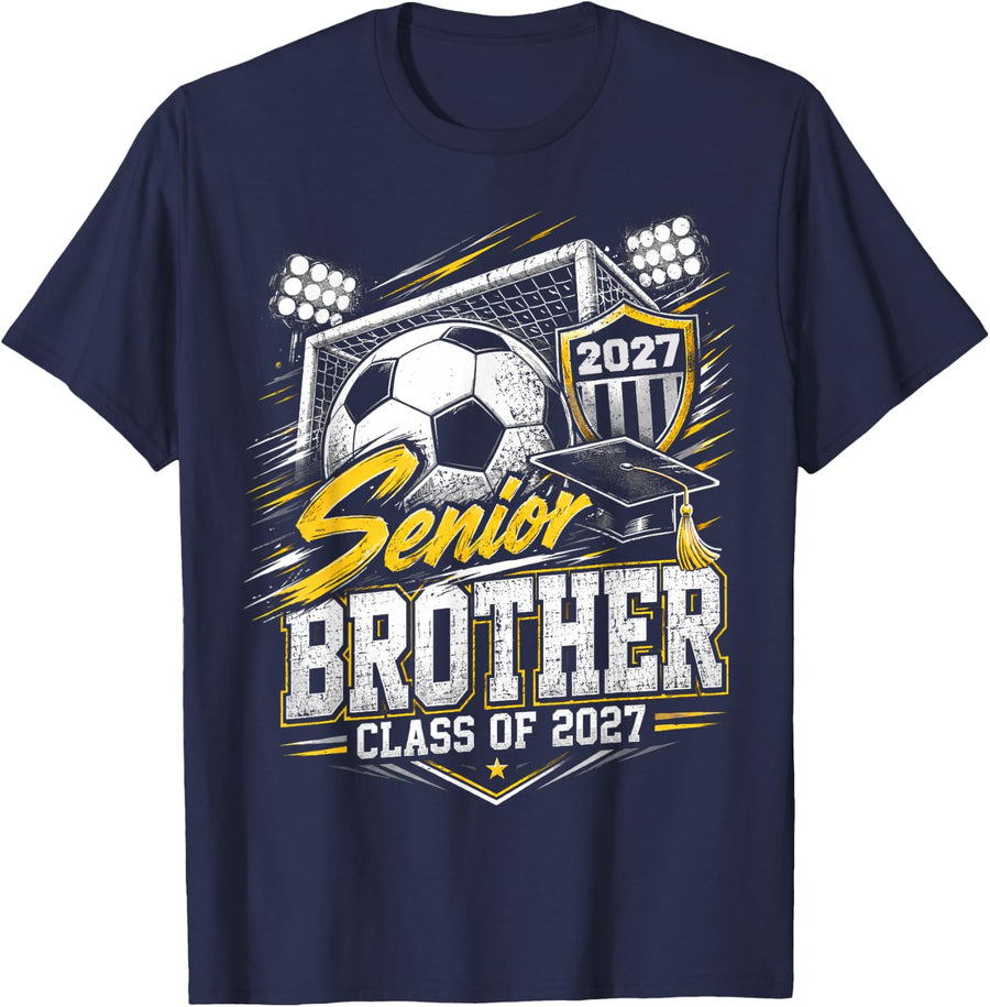 Senior Brother Class of 2027 Soccer Ball Graduation Vintage T-Shirt - Navy Blue