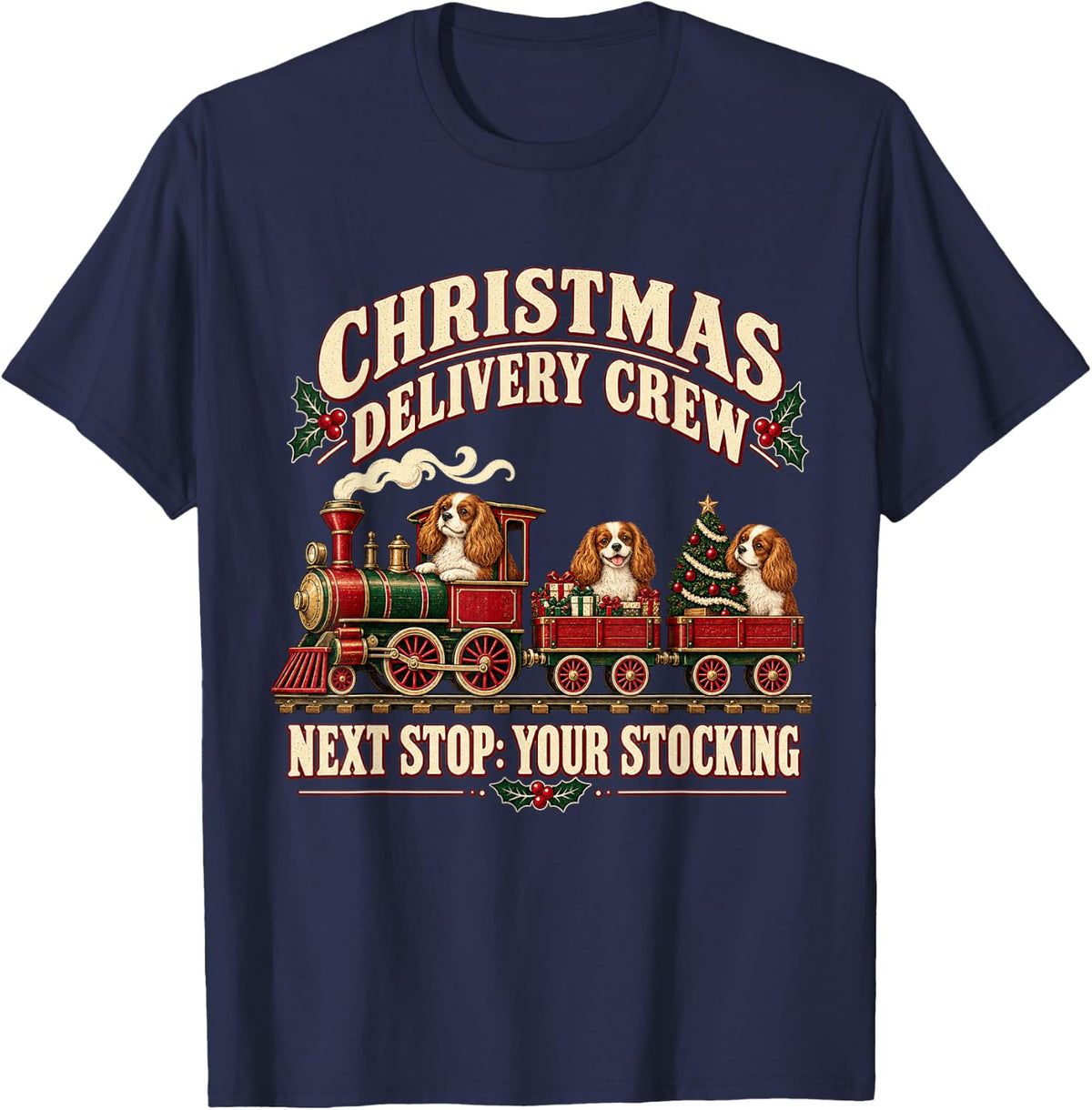 Cavalier King Charles Spaniel Dog Retro Christmas Train T-Shirt - Navy Blue
