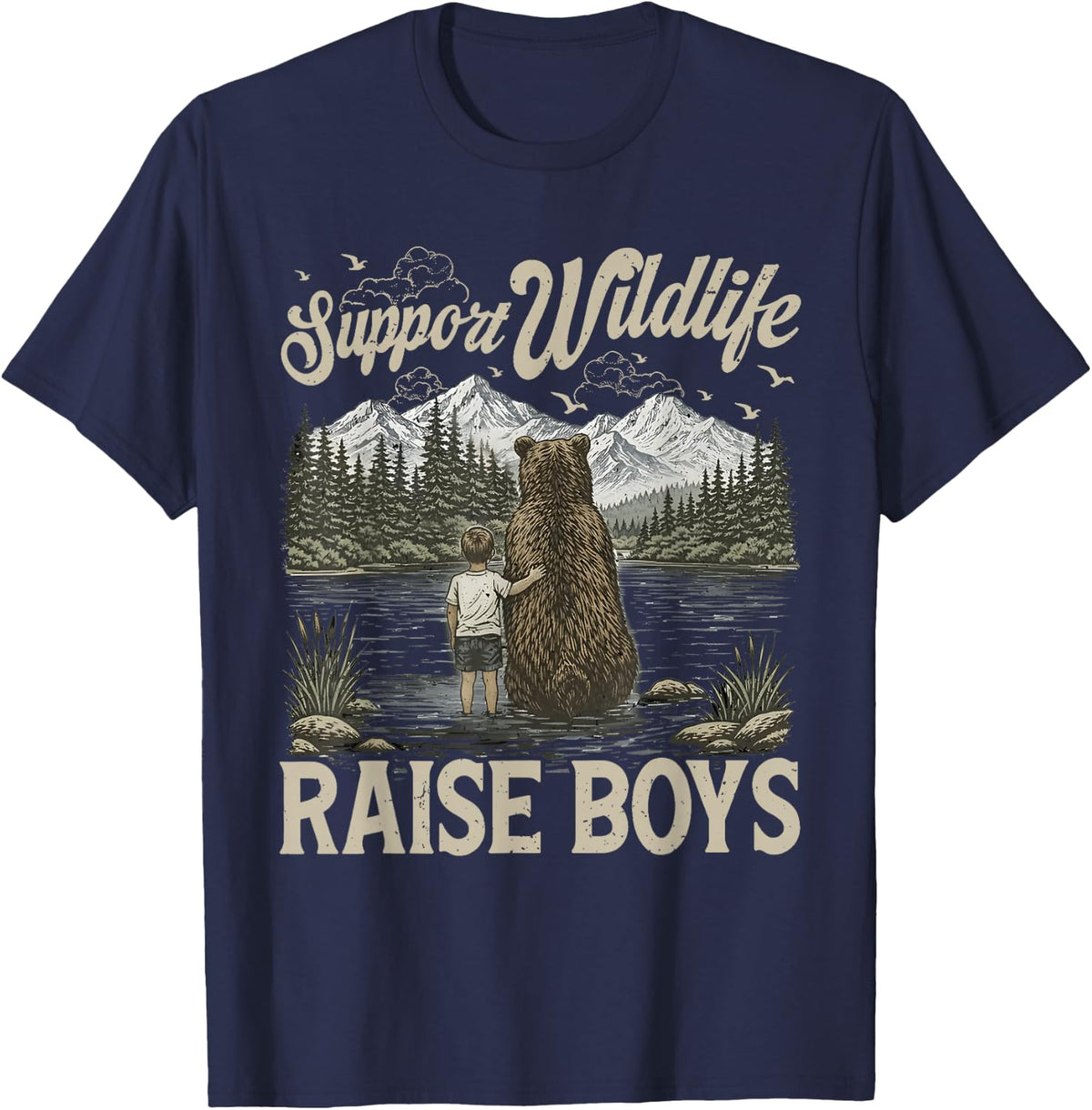 Retro Support Wildlife Raise Boys Funny Mama Bear Nature T-Shirt - Navy Blue