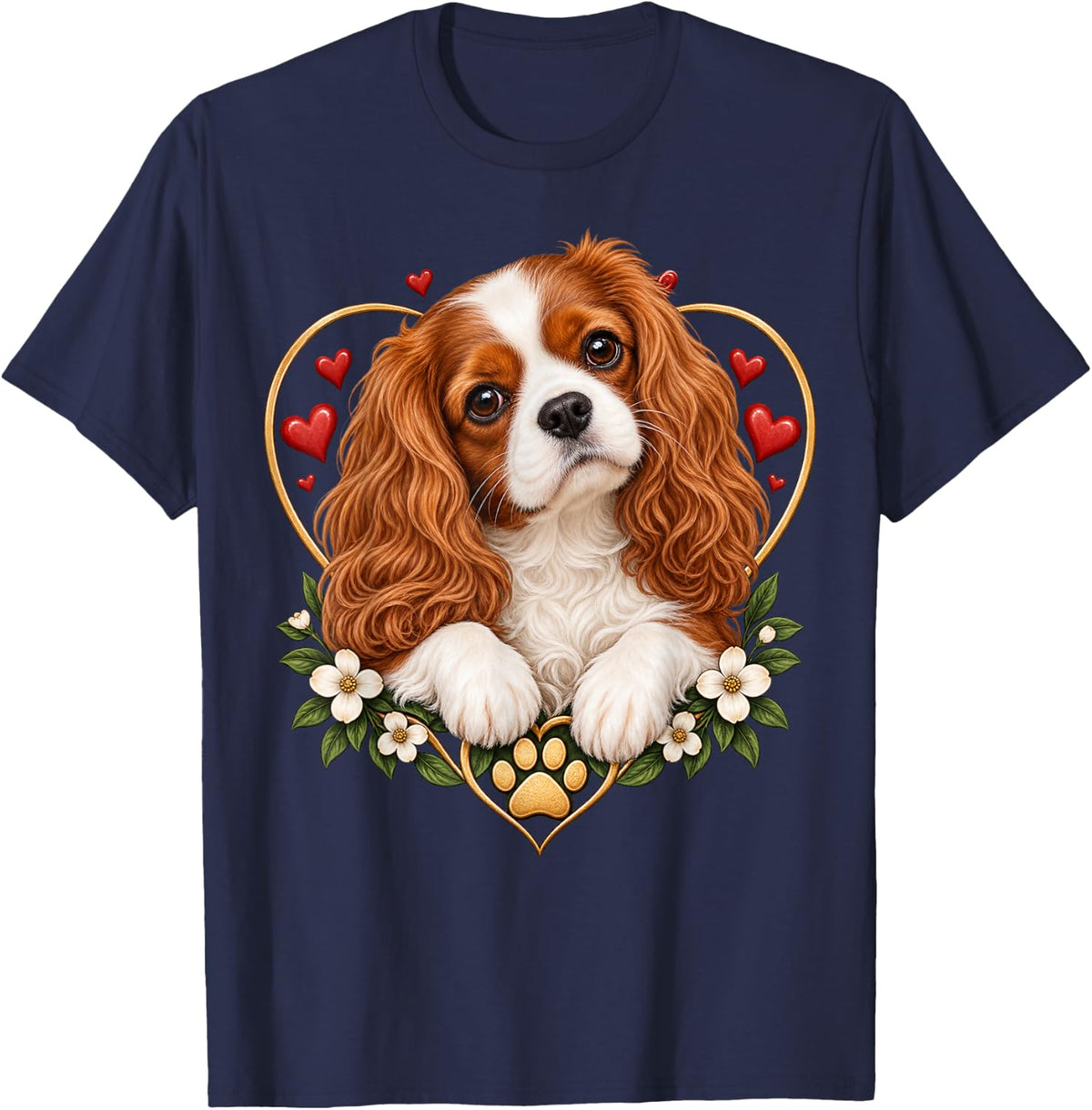 Cavalier King Charles Spaniel Heart and Floral Dog Artwork T-Shirt - Navy Blue