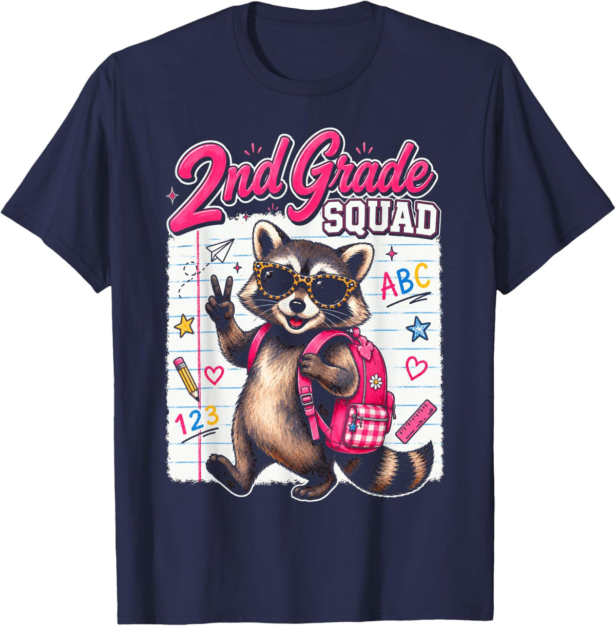 2nd Grade Squad Cute Raccoon First Day of School Kids Girls T-Shirt - Navy Blue