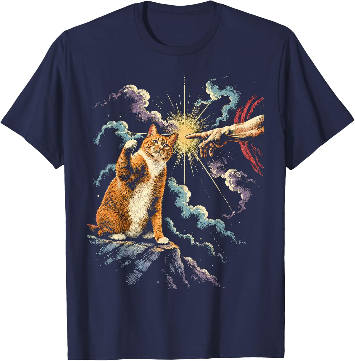 Cat Creation of Adam - Funny Cosmic Tabby Art T-Shirt - Navy Blue