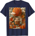 Cute Kitten Yarn Hot Air Balloon Cozy Fall Leaves Tabby Cat T-Shirt - Navy Blue