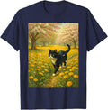 Tuxedo Cat Walking in Spring Dandelion Flower Meadow Art T-Shirt - Navy Blue