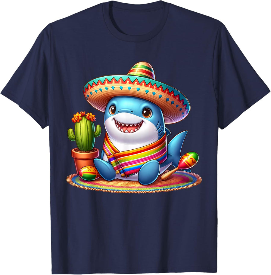 Shark Lovers Cinco De Mayo Sombrero Maracas Mexican Mexico T-Shirt - Navy Blue