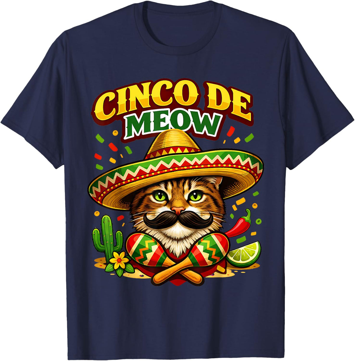 Funny Cinco De Meow Mexican Cat Sombrero Cinco De Mayo T-Shirt - Navy Blue