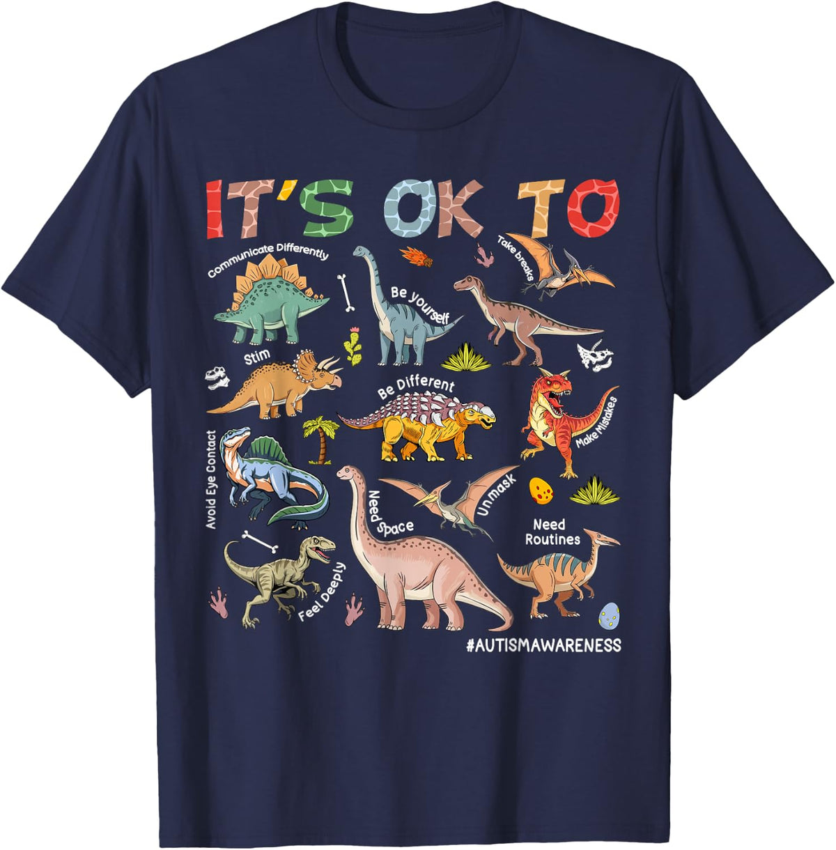 Its Ok to Be Different Autism Dinosaur Tee T-Shirt for Boys Kids Awareness Support - Navy Blue