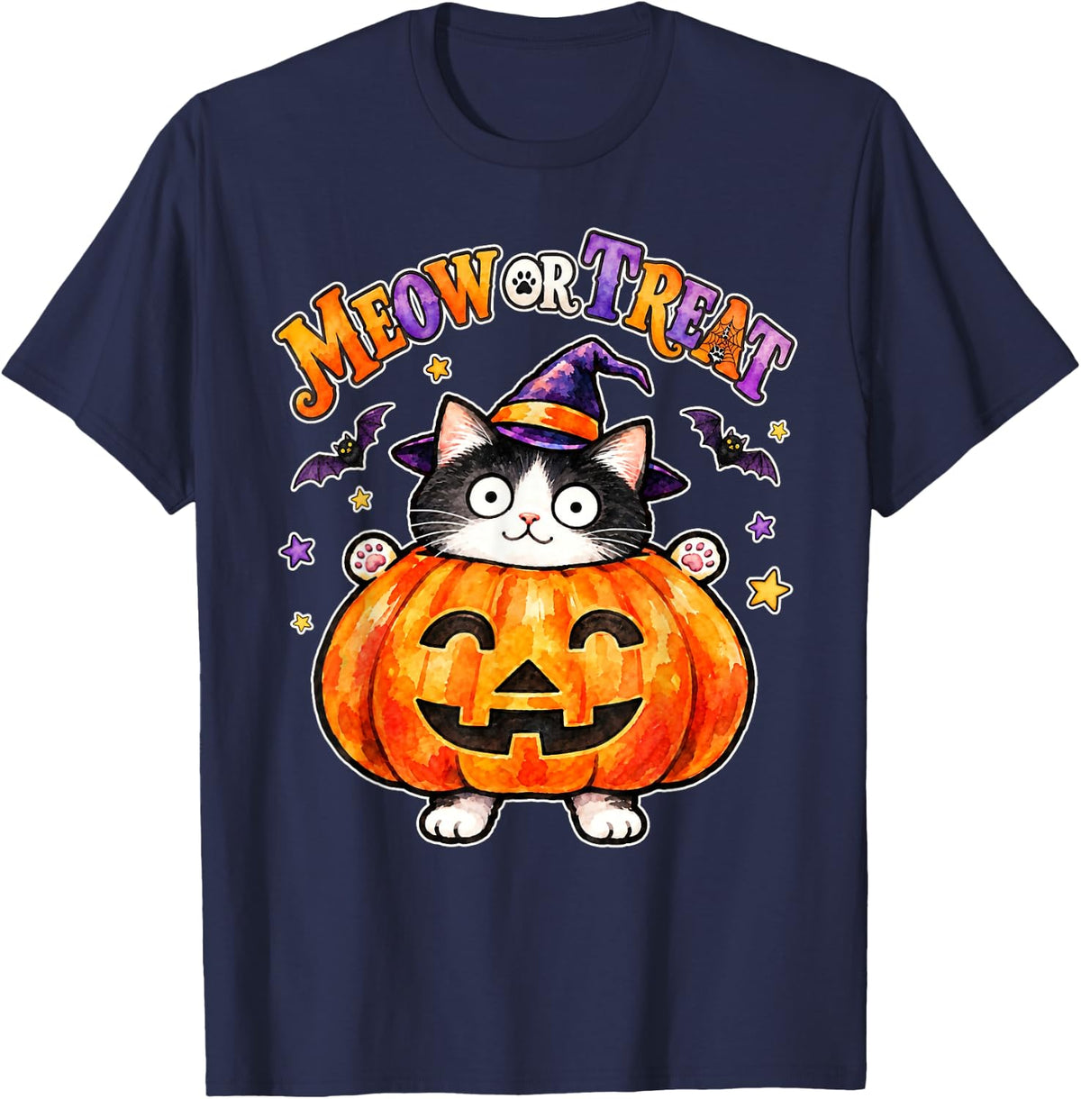 Meow or Treat Cute Tuxedo Cat Halloween T-Shirt - Navy Blue