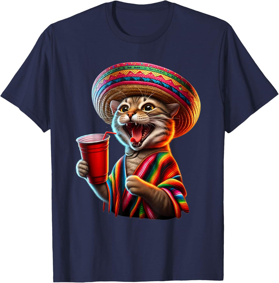 Mexican Cinco De Meow Sombrero Cat Cinco De Mayo Funny Cat T-Shirt - Navy Blue