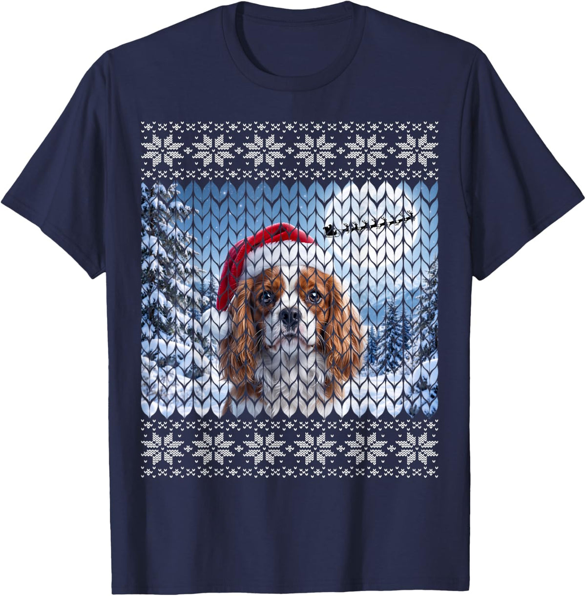 Blenheim Cavalier King Charles Spaniel Dog Ugly Christmas T-Shirt - Navy Blue